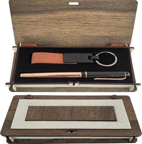 Ahşap Kutulu Set Bakır Roller Kalem Ve Anahtarlık - Image 1