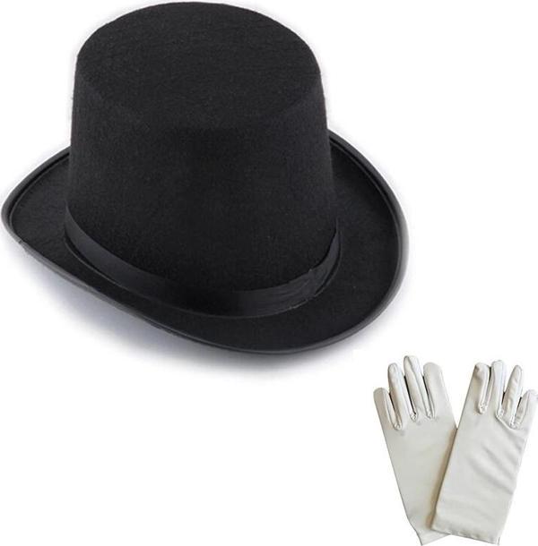 Siyah Sihirbaz Fötr Şapka 15 Cm - 1 Çift Beyaz Sihirbaz Eldiveni - Yetişkin Boy - Image 1