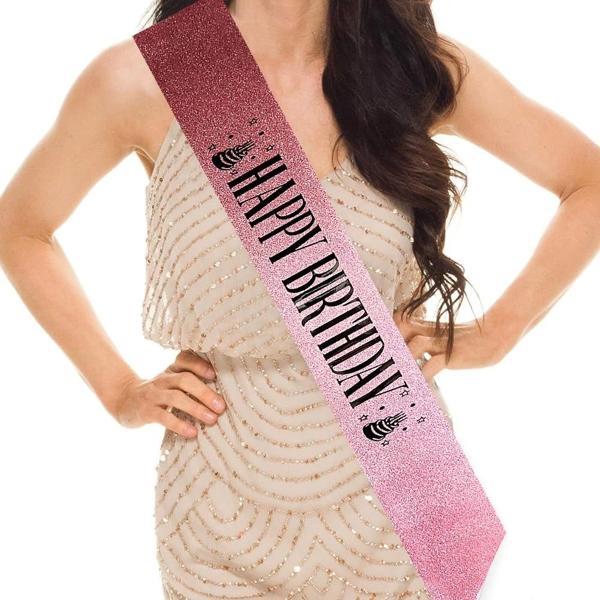 Pembe Üzeri Siyah Büyük Happy Birthday Yazılı Simli Işıltılı Kuşak Kemer 10 Cm Genişlik - Image 1