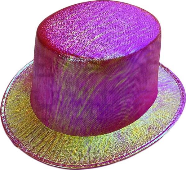 Fuşya Renk Işıltılı Hologram Kumaş Kaplama Fötr Silindir Şapka Yetişkin Boy - Image 1
