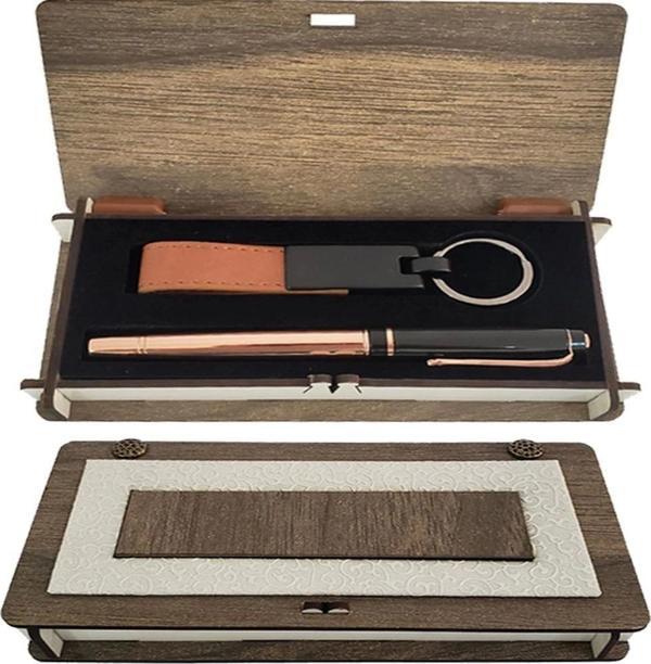 Ahşap Kutulu Bakır Kalem Anahtarlık Set - Image 1