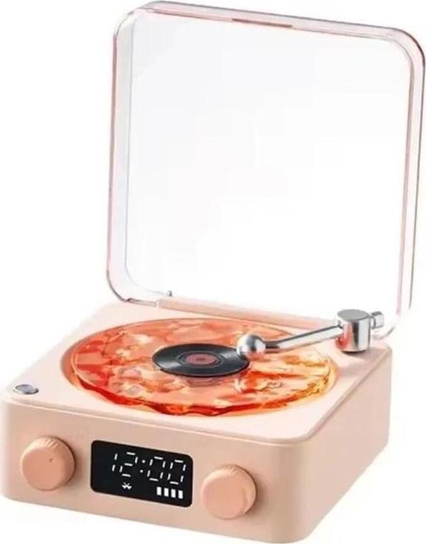 Waves Nostalji Plak Görünümlü Bluetooth Hoparlör 3d Ses Dalgası Retro Müzik Plak Pembe - Image 1