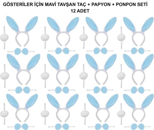 Mavi Tavşan Kostüm Seti – Taç, Papyon, Ponpon (12’li Paket) - Image 1