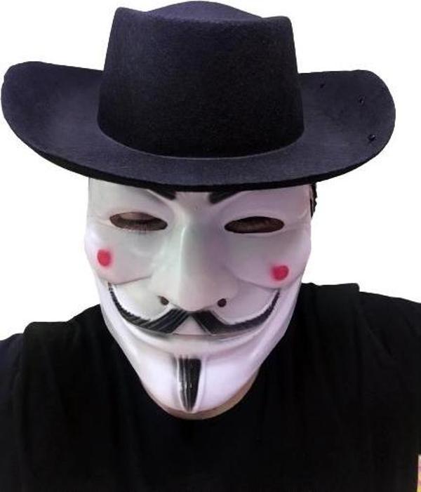 Siyah Renkli Delikli Çocuk Boy Vendetta Şapkası Ve Vendetta Maskesi - Image 1