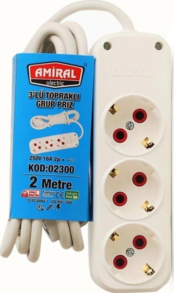 Amiral 3' Lü Topraklı 2 Metre Kablolu Grup Priz - Image 1