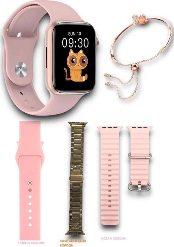 G9 Mini Rose Gold 41mm Kadın Akıllı Saat 3 Kordon Ve Bileklik Hediyeli Akıllı Saat - Image 1