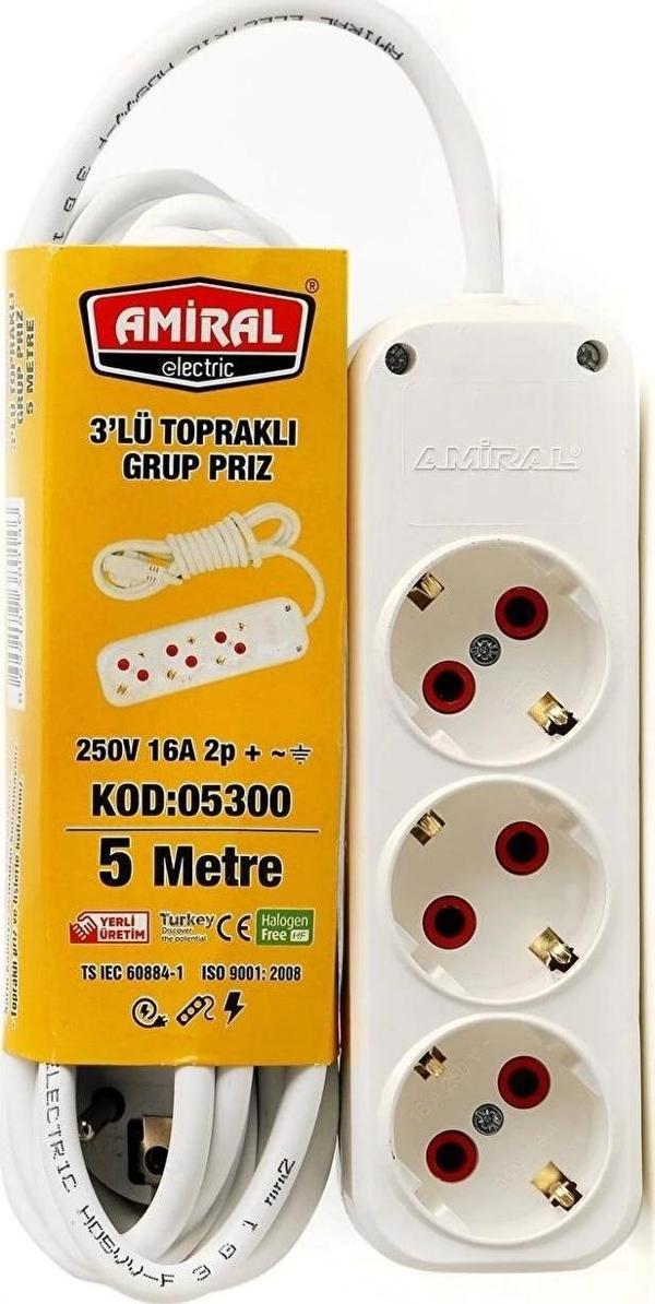 Amiral 3' Lü Topraklı 5 Metre Kablolu Grup Priz - Image 1