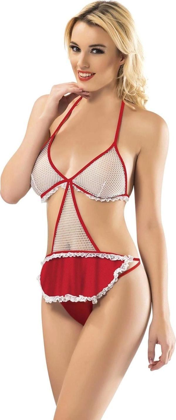 Beyaz Kırmızı Fileli Bodysuit - 4027 - Image 1