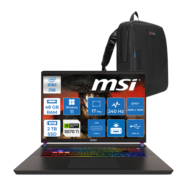 Msı Vector 17 Hx Aı Intel Core Ultra 9-275HX 64GB Ddr5 2tb SSD 12GB/RTX5070TI/140W 17” Qhd+ (2560X1600) 240Hz Windows 11 Pro Taşınabilir Bilgisayar A2XWHGP23 + Zettaçanta - Image 1
