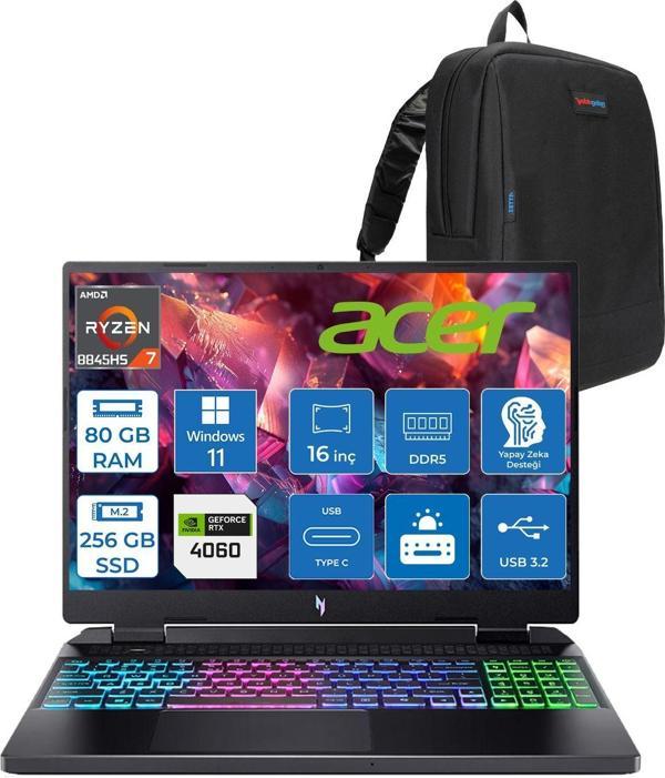 Acer Nitro 16 AN16-42 Amd R7 8845HS Aı 80GB Ddr5 256GB SSD 8GB/RTX4060 140W 16" Wuxga 180Hz IPS Windows 11 Pro Taşınabilir Bilgisayar NHQSKEY004P21+ZETTAÇANTA - Image 1