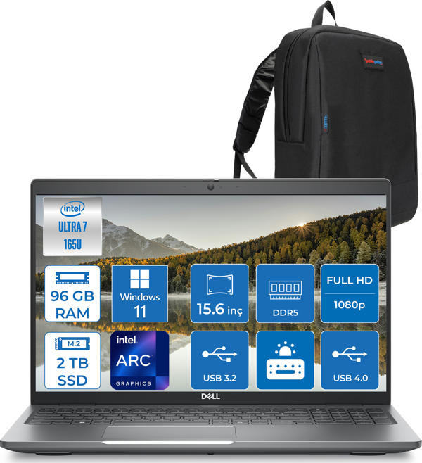 Dell Latitude 5550 Intel Ultra 7 165U Aı 96GB Ddr5 2tb SSD Intel Graphıc Fhd IPS Windows 11 Pro Taşınabilir Bilgisayar N015L555015P29+ZETTAÇANTA - Image 1