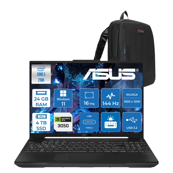 Asus Tuf Gaming F16 FX607VJ Intel Core I5-210H 24GB 4tb SSD RTX3050 6gb 16 Inç Wuxga 144Hz IPS Windows 11 Home Gaming Notebook RL033H15 + Zetta Çanta - Image 1