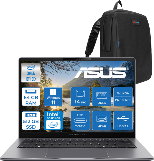 Asus Expertbook P3 P3405CVA Intel Core I7-13620H 64GB Ddr5 512GB SSD Windows 11 Home 14" 300NITS Wuxga Intel UHD Taşınabilir Bilgisayar WP3405CVAH022+ZETTAÇANTA - Image 1