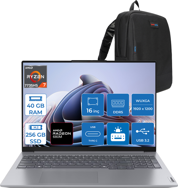Lenovo Thinkbook 16 G7 Arp Amd Ryzen 7 7735HS 40GB Ddr5 256GB SSD Radeon 680M Graphics 16" Wuxga 300NITS IPS Freedos Taşınabilir Bilgisayar 21MW002CTRF16 + Zetta Çanta - Image 1