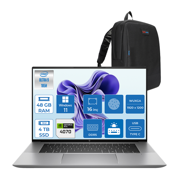 Hp Zbook Studio 16 G11 Intel Core U9 185H 48GB Ddr5 4tb SSD 8GB/RTX4070 16" Wuxga IPS 400NITS 100% Srgb Windows 11 Pro Taşınabilir Iş Istasyonu Bilgisayar 8S9S5EAWP20 + Zettaçanta - Image 1