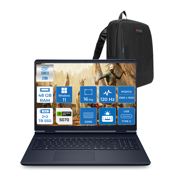 Dell Alienware 16 Aurora Intel Core I9-270H Aı 48GB GB 2tb Ssd+2tb SSD 8GB/RTX5070 Gddr7 115W 16" 2.5k 2560 x 1600 Wqxga 120Hz  WIN11PRO Gaming Laptop WAC16250-C932157P22+ZETTAÇANTA - Image 1