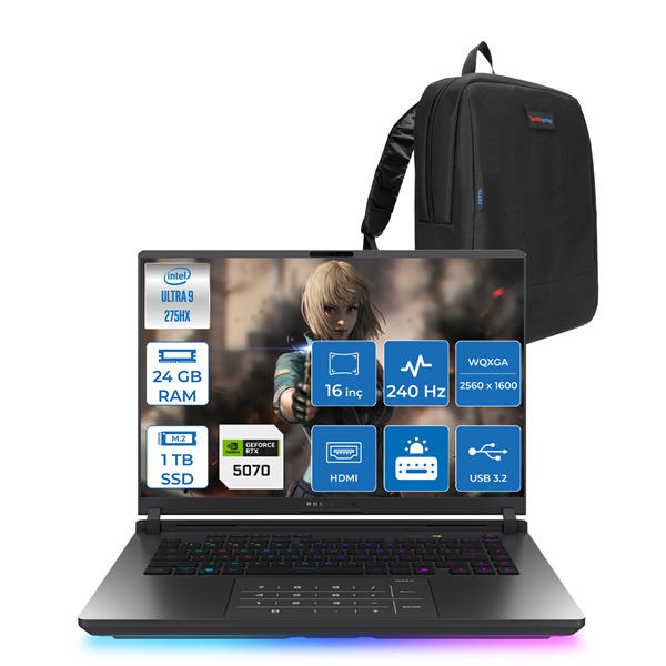 Asus Rog Strix G16 Intel Core Ultra 9 275HX  24GB Ddr5 1tb SSD 8GB/RTX5070/115W 16" 2.5k 240Hz 3ms IPS Windows 11 Home Taşınabilir Bilgisayar S5116H06 + Zettaçanta - Image 1