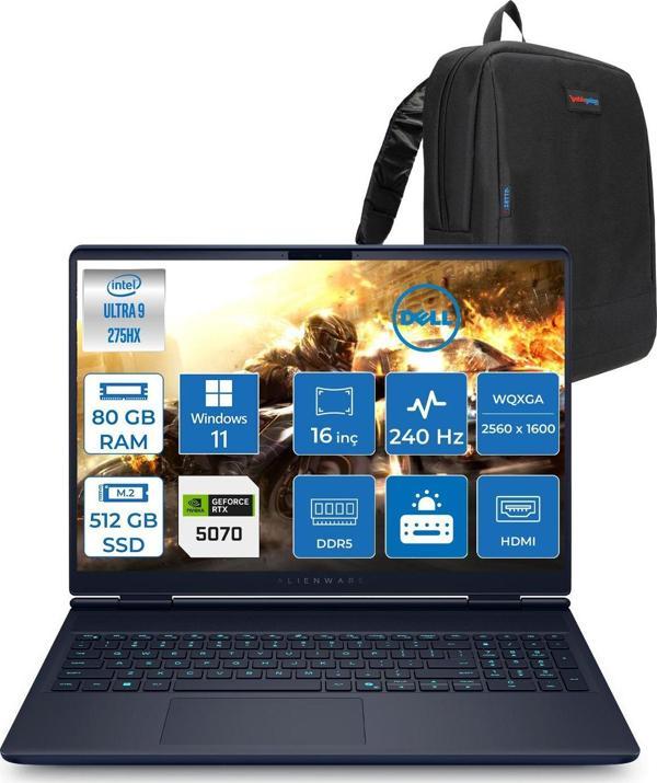 Dell Alienware 16X Aurora Intel Core Ultra 9 275HX 80GB Ddr5 512GB SSD Windows 11 Pro 8gb RTX5070 16 Inç 2K(2560×1600) Wqxga 240Hz 3ms Wva Taşınabilir Bilgisayar AC16251CU932157WP44 + Zetta Çanta - Image 1