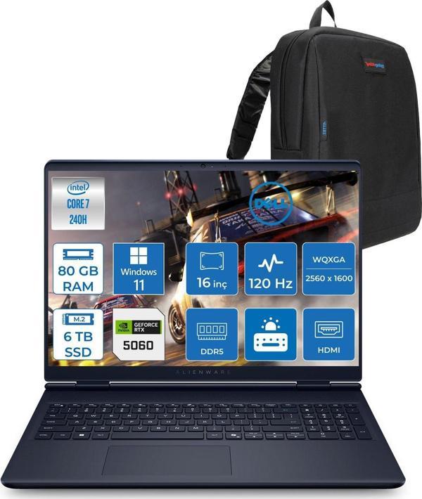 Dell Alienware 16 Aurora Intel Core 7 240H 80GB Ddr5 6tb SSD Windows 11 Home 8gb RTX5060 16 Inç 2K(2560×1600) Wqxga 120Hz Wva Gaming Laptop AC16250C716156WH48 + Zetta Çanta - Image 1