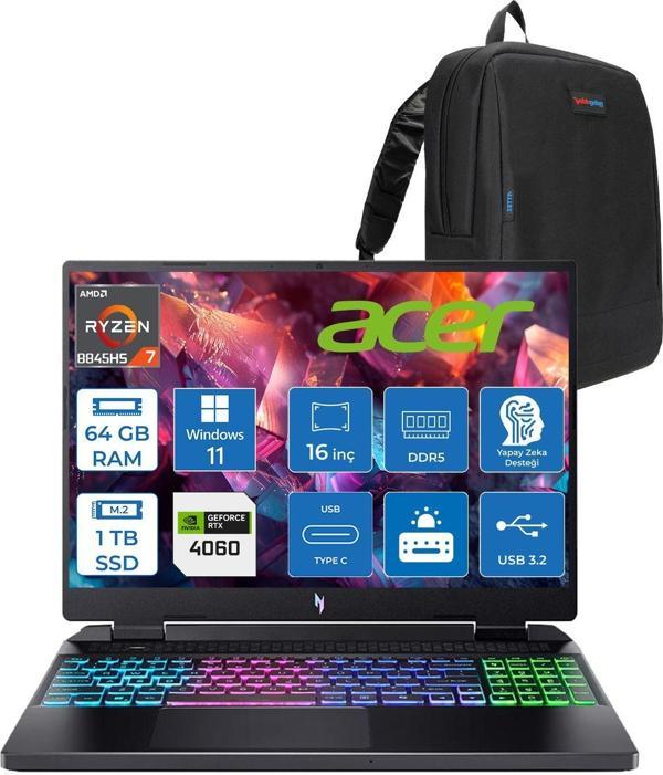 Acer Nitro 16 AN16-42 Amd R7 8845HS Aı 64GB Ddr5 1tb SSD 8GB/RTX4060 140W 16" Wuxga 180Hz IPS Windows 11 Home Taşınabilir Bilgisayar NHQSKEY004H18+ZETTAÇANTA - Image 1