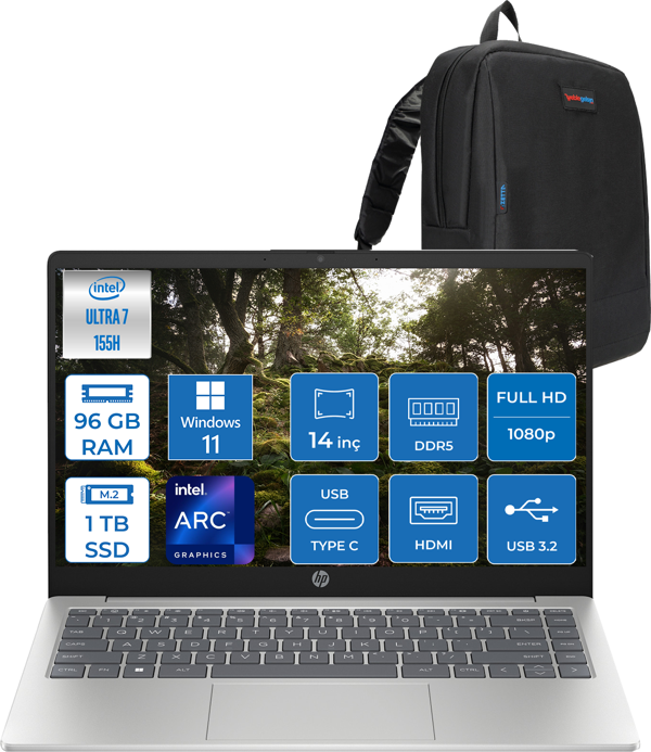 Hp 14-EP1025NT Intel Core Ultra 7 155H 96GB Ddr5 1tb SSD Intel® Aı Boost 14" Fullhd 300NITS IPS Windows 11 Pro Taşınabilir Bilgisayar B86B8EAP38 + Zetta Çanta - Image 1