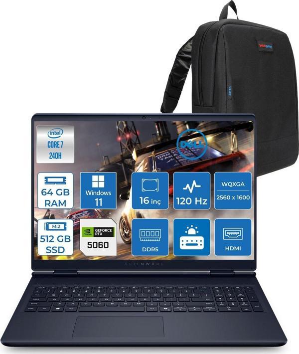 Dell Alienware 16 Aurora Intel Core 7 240H 64GB Ddr5 512GB SSD Windows 11 Home 8gb RTX5060 16 Inç 2K(2560×1600) Wqxga 120Hz Wva Gaming Laptop AC16250C716156WH37 + Zetta Çanta - Image 1