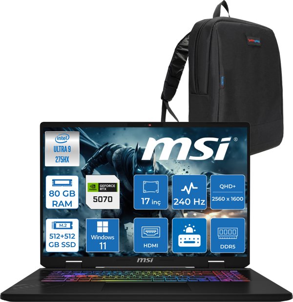 Msı Crosshaır 17 Hx Aı D2XWGKG-017TR Intel Core Ultra 9-275HX Aı 80GB 512GB+512GB SSD 8GB/RTX5070 Gddr7 115W 18"2.5k (2560 x 1600, Wqxga) 240Hz  WINDOWS11PRO Gaming Laptop W017TRP34+ZETTAÇANTA - Image 1