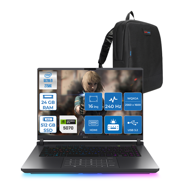 Asus Rog Strix G16 Intel Core Ultra 9 275HX  24GB Ddr5 512GB SSD 8GB/RTX5070/115W 16" 2.5k 240Hz 3ms IPS Windows 11 Home Taşınabilir Bilgisayar S5116H05 + Zettaçanta - Image 1