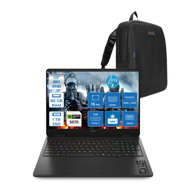 Hp Omen Intel Core I7 14650HX 80GB Ddr5 1tb SSD 8GB/RTX5070 16" Wuxga 165Hz 400NIT SRGB Windows 11 Home Taşınabilir Bilgisayar 16AM0008NTH22 + Zettaçanta - Image 1