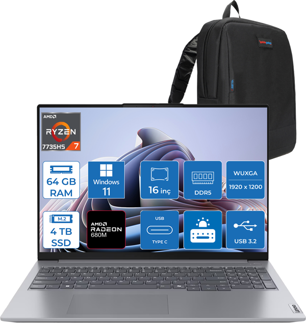 Lenovo Thinkbook 16 G7 Arp Amd Ryzen 7 7735HS 64GB Ddr5 4tb SSD Radeon 680M Graphics 16" Wuxga 300NITS IPS Windows 11 Home Taşınabilir Bilgisayar 21MW002CTRH30 + Zetta Çanta - Image 1