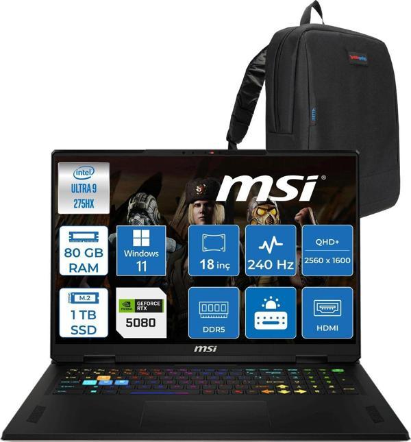 Msı Vector 18 Hx Aı A2XWIG Intel Core Ultra 9 275HX 80GB Ddr5 1tb SSD Windows 11 Home 175W RTX5080 12GB 18 Inç 2K(2560×1600) Qhd+ 240Hz Taşınabilir Bilgisayar 666XTRH45 + Zetta Çanta - Image 1