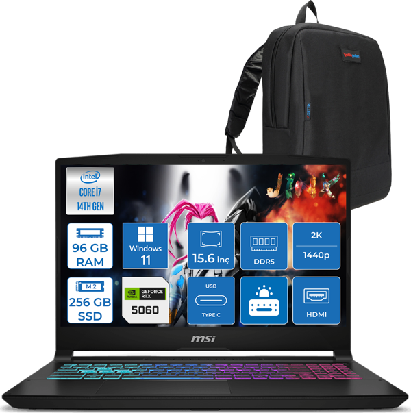 Msı Katana 15 Hx B14WFK-449XTR 14. Nesil Intel İ7-14650HX 96GB Ddr5 256GB SSD 8GB/RTX5060 115W 15.6" Qhd 2560X1440 165Hz IPS Windows 11 Home Taşınabilir Bilgisayar. W449XTRH26+ZETTAÇANTA - Image 1