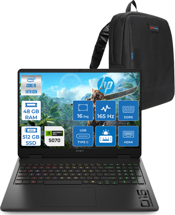 Hp Omen Intel Core I9 14900HX 48GB Ddr5 512GB SSD 8GB/RTX5070 16" Wuxga 165Hz 400NIT SRGB Windows 11 Pro Taşınabilir Bilgisayar 16AM0001NTH17 + Zettaçanta - Image 1