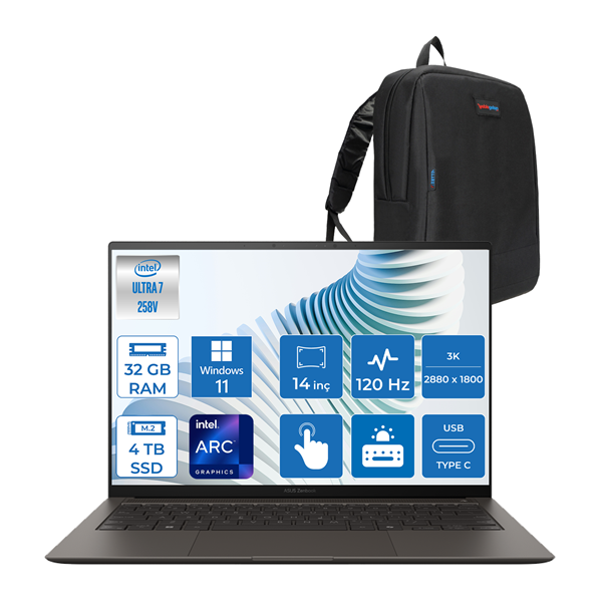 Asus Zenbook S 14 Intel Core Ultra 7 258V 32GB LPDDR5X 4tb SSD Intel Arc Graphics 14" 3k OLED (2880 x 1800) 120hz 500NIT Windows 11 Pro Dokunmatik Taşınabilir Bilgisayar UX5406SA04 + Zettaçanta - Image 1