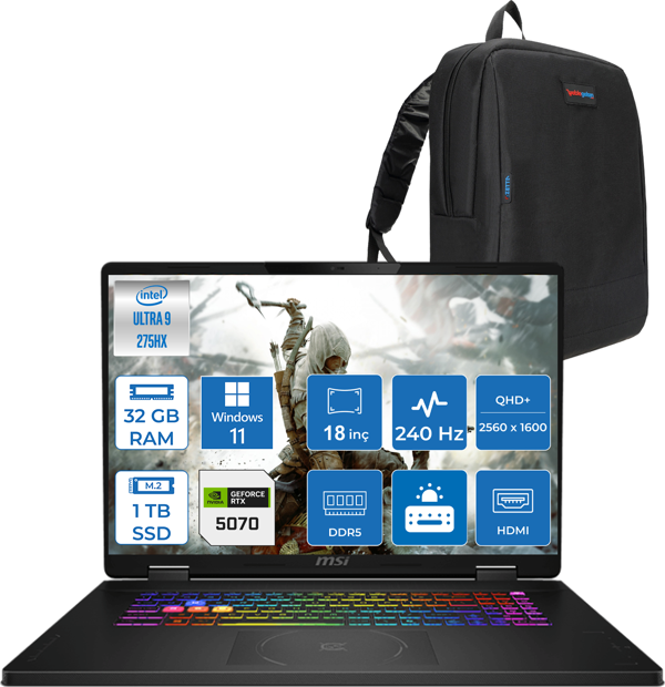 Msı Crosshaır 18 Hx Aı A2XWGKG-032XTR Intel Core Ultra 9-275HX Aı 32GB 1tb SSD 8GB/RTX5070 Gddr7 115W 18"2.5k (2560 x 1600, Wqxga) 240Hz  Windows 11 Pro Taşınabilir Bilgisayar W032XTRP11+ZETTAÇANTA - Image 1