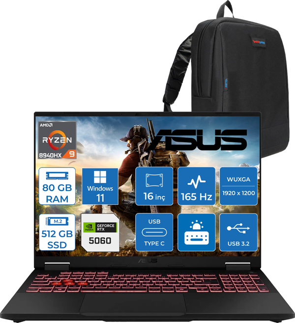 Asus Tuf Gaming A16 FA608PM-RV026 Amd Ryzen 9 8940HX Aı 80GB Ddr5 512GB SSD RTX5060-8GB 115W 165Hz 16"wuxga IPS Windows 11 Hom Taşınabilir Bilgisayar WRV026H22+ZETTAÇANTA - Image 1
