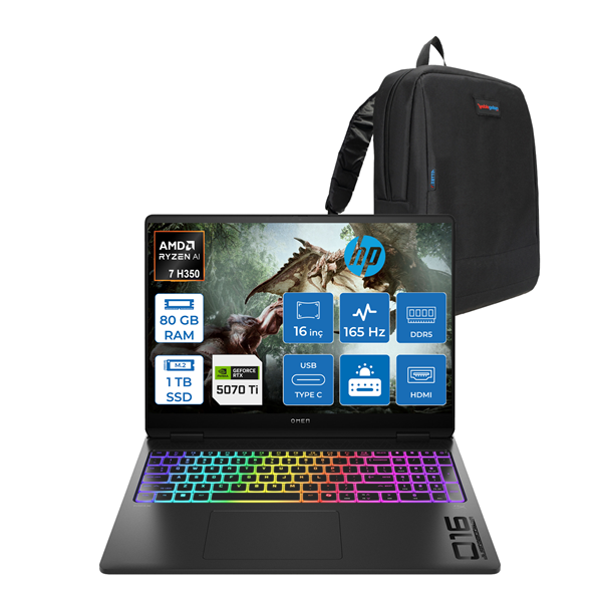 Hp Omen Max Amd Ryzen Aı 7 H 350 80GB Ddr5 1tb SSD 12GB/RTX5070TI 16" Wuxga 165Hz 400NIT SRGB Freedos Taşınabilir Bilgisayar 16AK0008NTF22 + Zettaçanta - Image 1
