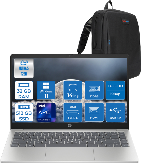 Hp 14-EP1026NT Intel Core Ultra 5 125H 32GB Ddr5 512GB SSD Intel® Aı Boost 14" Fullhd 300NITS IPS Windows 11 Home Taşınabilir Bilgisayar B85WZEAH12 + Zetta Çanta - Image 1