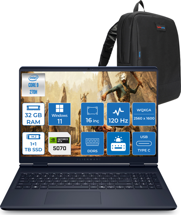 Dell Alienware 16 Aurora Intel Core I9-270H Aı 32GB GB 1tb Ssd+1tb SSD 8GB/RTX5070 Gddr7 115W 16" 2.5k 2560 x 1600 Wqxga 120Hz  WIN11HOME Gaming Laptop WAC16250-C932157H12+ZETTAÇANTA - Image 1