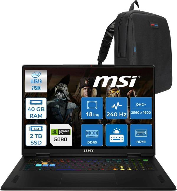 Msı Vector 18 Hx Aı A2XWIG Intel Core Ultra 9 275HX 40GB Ddr5 2tb SSD Freedos 175W RTX5080 12GB 18 Inç 2K(2560×1600) Qhd+ 240Hz Taşınabilir Bilgisayar 666XTRF25 + Zetta Çanta - Image 1