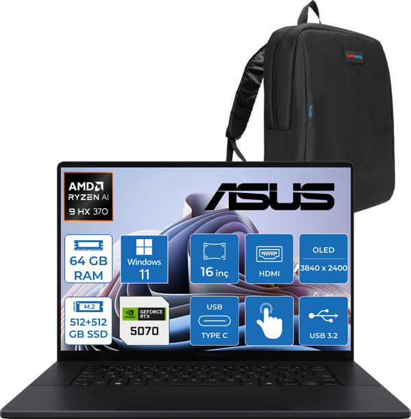 Asus Proart P16 WH7606WP Ryzen Aı 9 HX370  64GB Ddr5 512GBSSD+512GB 8GB/RTX5070 16.0-Inch, 4K (3840 x 2400) OLED  0.2ms Dokunmatik Ekran Windows 11 Pro Taşınabilir Bilgisayar WME020P02+ZETTAÇANTA - Image 1