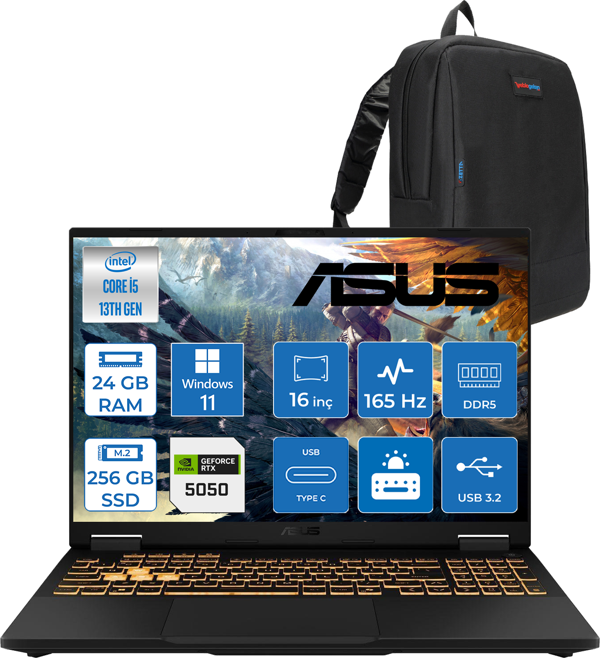 Asus Tuf Gaming F16 FX608JH 13.nesil Intel İ5-13450HX 24GB Ddr5 256GB SSD 8GB/RTX5050 115W 165Hz 16"wuxga Fhd+ 300NITS IPS WIN11PRO Gaming Bilg. WRV082P01+ZETTAÇANTA - Image 1