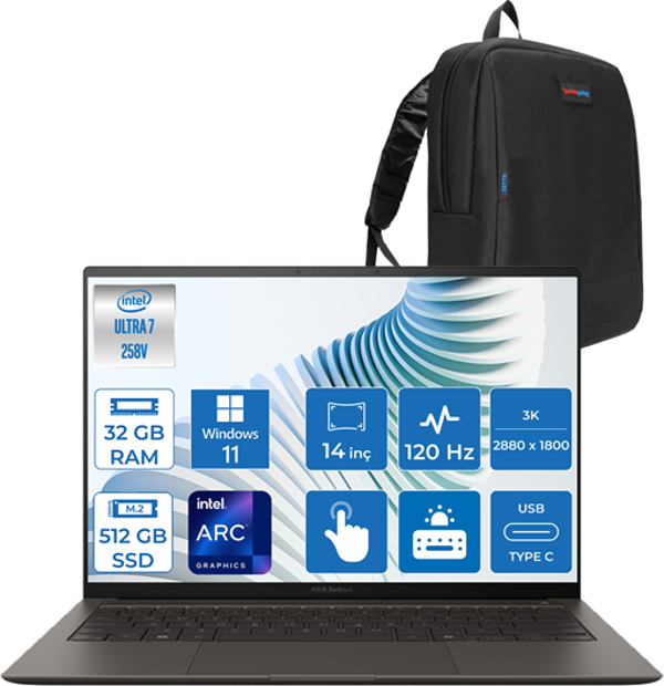 Asus Zenbook S 14 Intel Core Ultra 7 258V 32GB LPDDR5X 512GB SSD Intel Arc Graphics 14" 3k OLED (2880 x 1800) 120hz 500NIT Windows 11 Pro Dokunmatik Taşınabilir Bilgisayar UX5406SA01 + Zettaçanta - Image 1