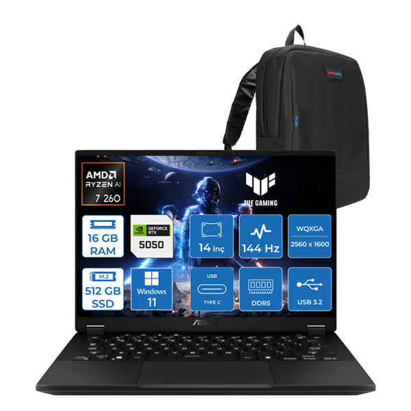 Asus Tuf Gaming A14 Ryzen 7 260 16GB LPDDR5X 512GB SSD 8GB/RTX5050/105W WIN11HOME 14" 2.5k Wqxga IPS SRGB:%100 165Hz Mux Switch Yapay Zeka Destekli Taşınabilir Bilgisayar FA401UHH01 +Zettaçanta - Image 1
