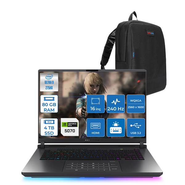 Asus Rog Strix G16 Intel Core Ultra 9 275HX  80GB Ddr5 4tb SSD 8GB/RTX5070/115W 16" 2.5k 240Hz 3ms IPS Windows 11 Pro Taşınabilir Bilgisayar S5116H24 + Zettaçanta - Image 1