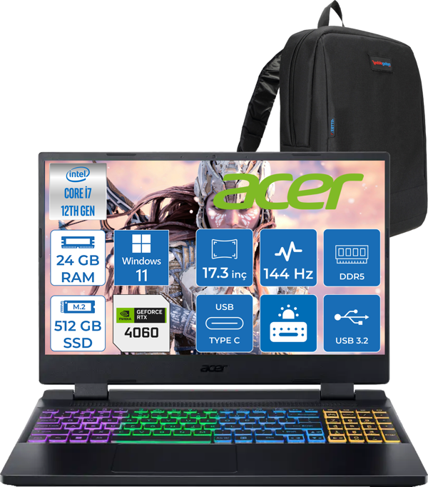 Acer Nitro 5 AN517-55- Intel  I7-12650H 24GB Ddr5 512GB SSD 8GB/RTX4060 140W IPS 17.3" 144Hz Full Hd WIN11HOME Gaming Laptop NHQLFEY004H02+ZETTAÇANTA - Image 1