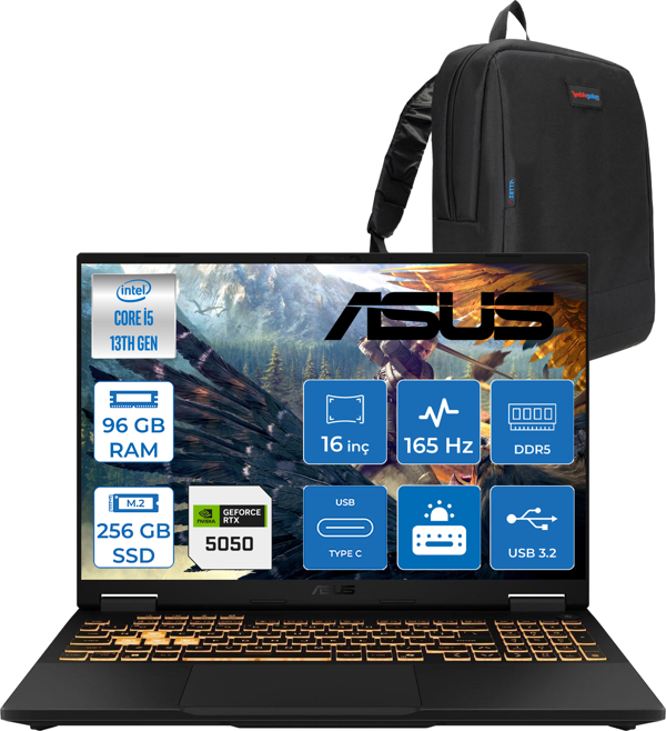 Asus Tuf Gaming F16 FX608JH 13.nesil Intel İ5-13450HX 96GB Ddr5 256GB SSD 8GB/RTX5050 115W 165Hz 16"wuxga Fhd+ 300NITS IPS Freedos Gaming Bilg. WRV082F26+ZETTAÇANTA - Image 1