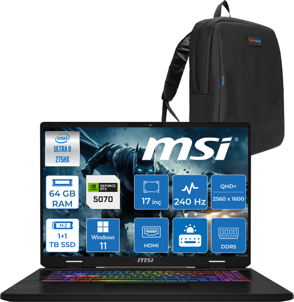 MSI Crosshaır 17 Hx Aı D2XWGKG-017TR Intel Core Ultra 9-275HX Aı 64GB 1tb Ssd+1tbssd 8GB/RTX5070 Gddr7 115W 18"2.5k (2560 x 1600, Wqxga) 240Hz  WINDOWS11HOME Gaming Laptop W017TRH28+ZETTAÇANTA - Image 1