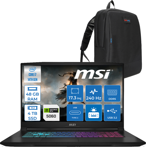 Msı Katana 17 Hx B14WFK-215XTR 14. Nesil Intel I7-14650HX 48GB Ddr5 4tb SSD 8GB/RTX5060 115W 17.3" Qhd (2560*1440), 240Hz IPS Freedos Taşınabilir Bilgisayar. W215XTRF15+ZETTAÇANTA - Image 1