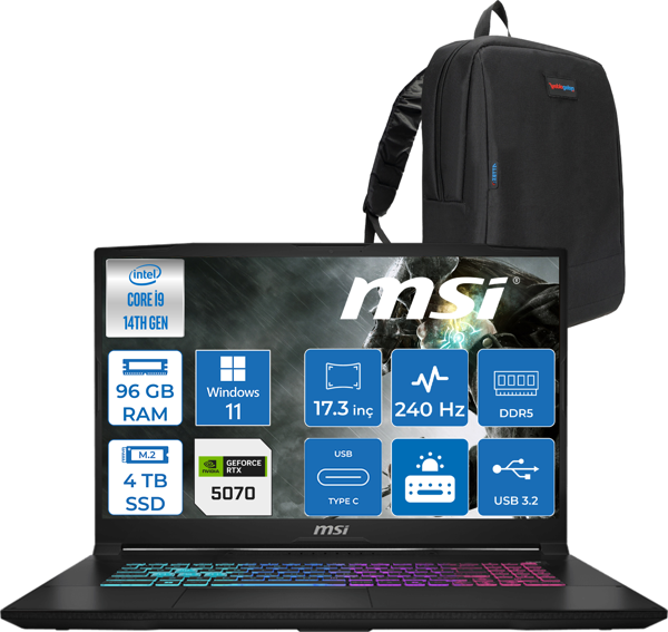Msı Katana 17 Hx B14WGK-048XTR 14. Nesil Intel İ9-14900HX 96GB Ddr5 4tb SSD 8GB/RTX5070 115W 17.3" Qhd (2560*1440), 240Hz IPS Windows 11 Home Gaming Bilg. W048XTRH30+ZETTAÇANTA - Image 1
